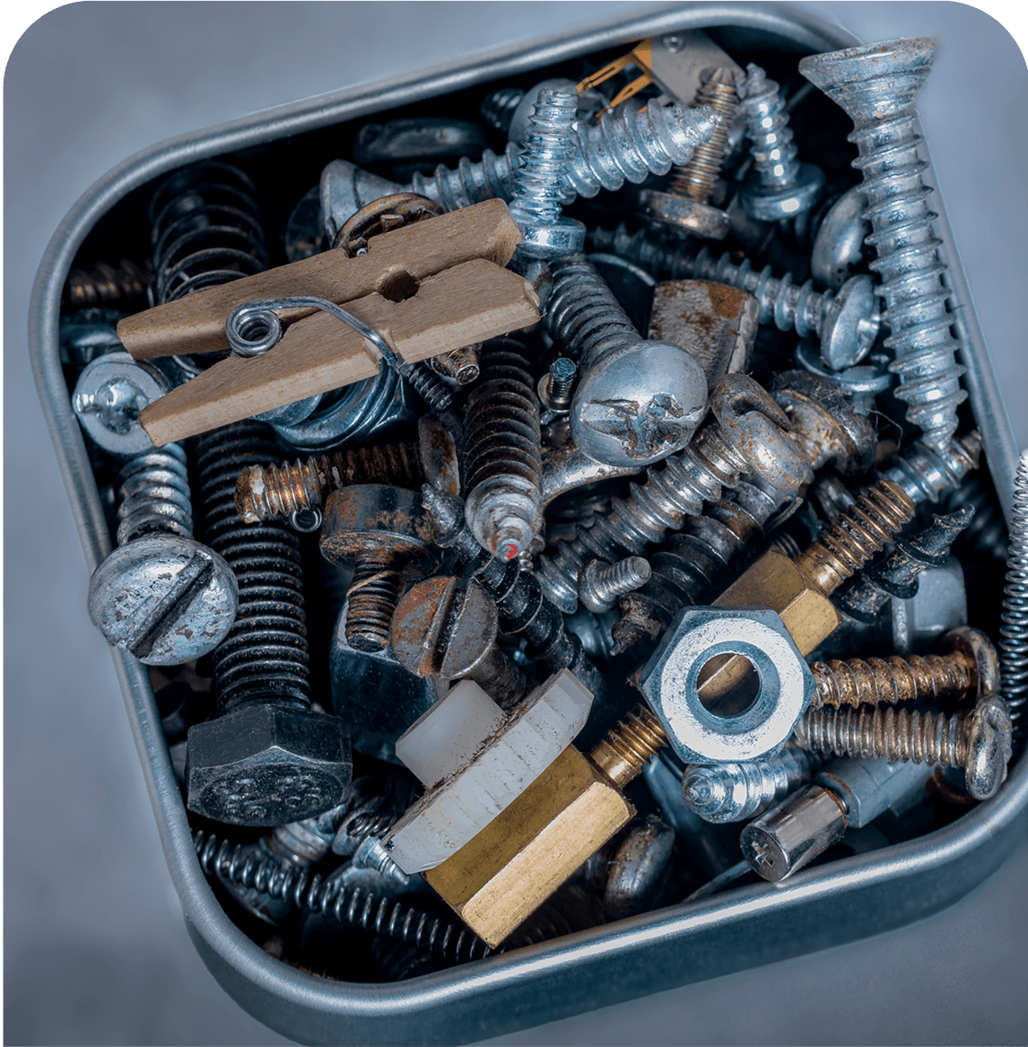 Box of assorted screws and fasteners.
