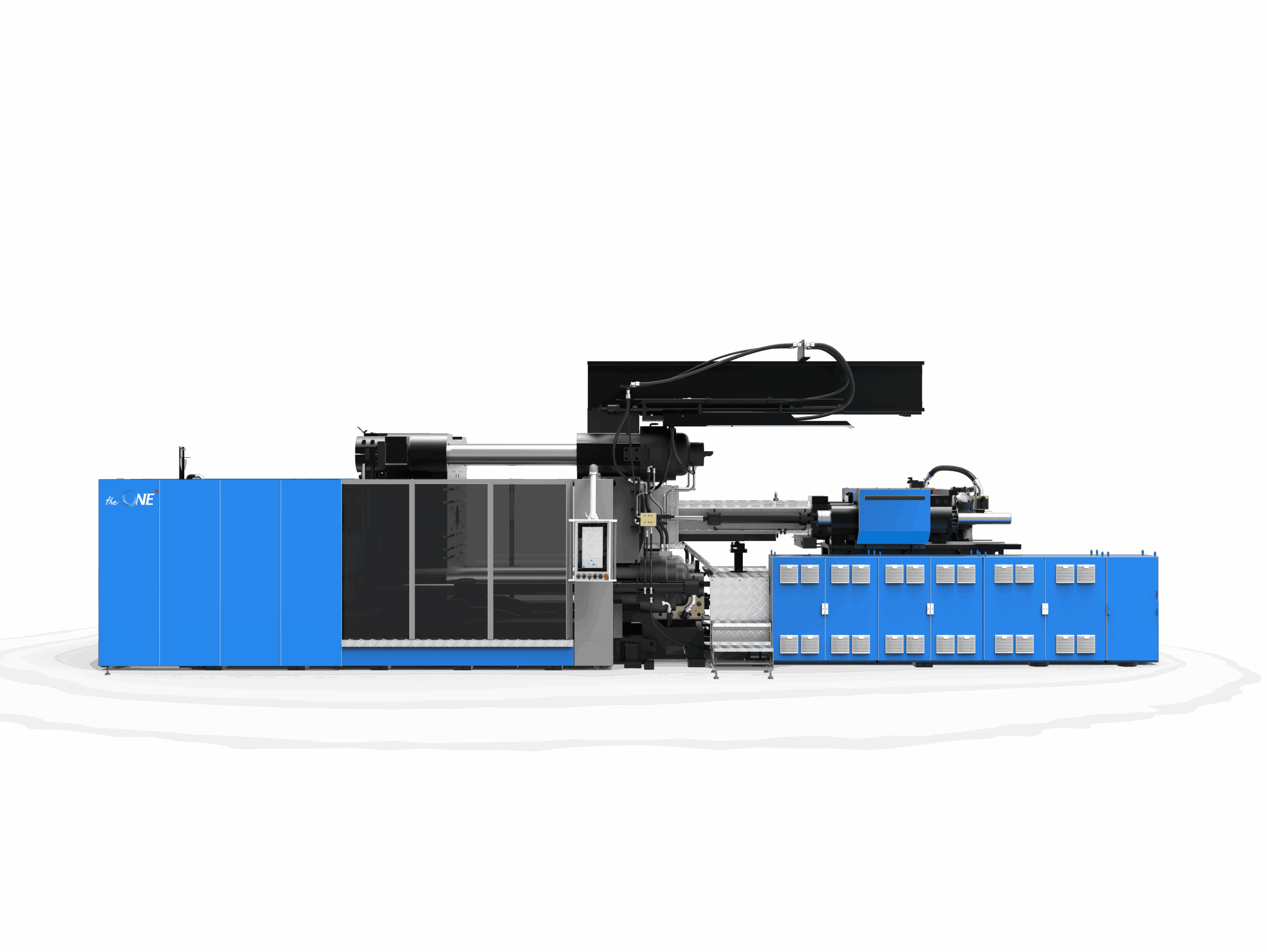 A large blue and black industrial injection molding machine.