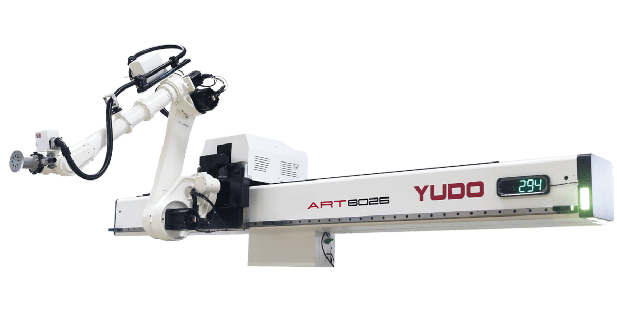 Close-up of a robotic arm with Yudo Art-Cube branding on a white background.