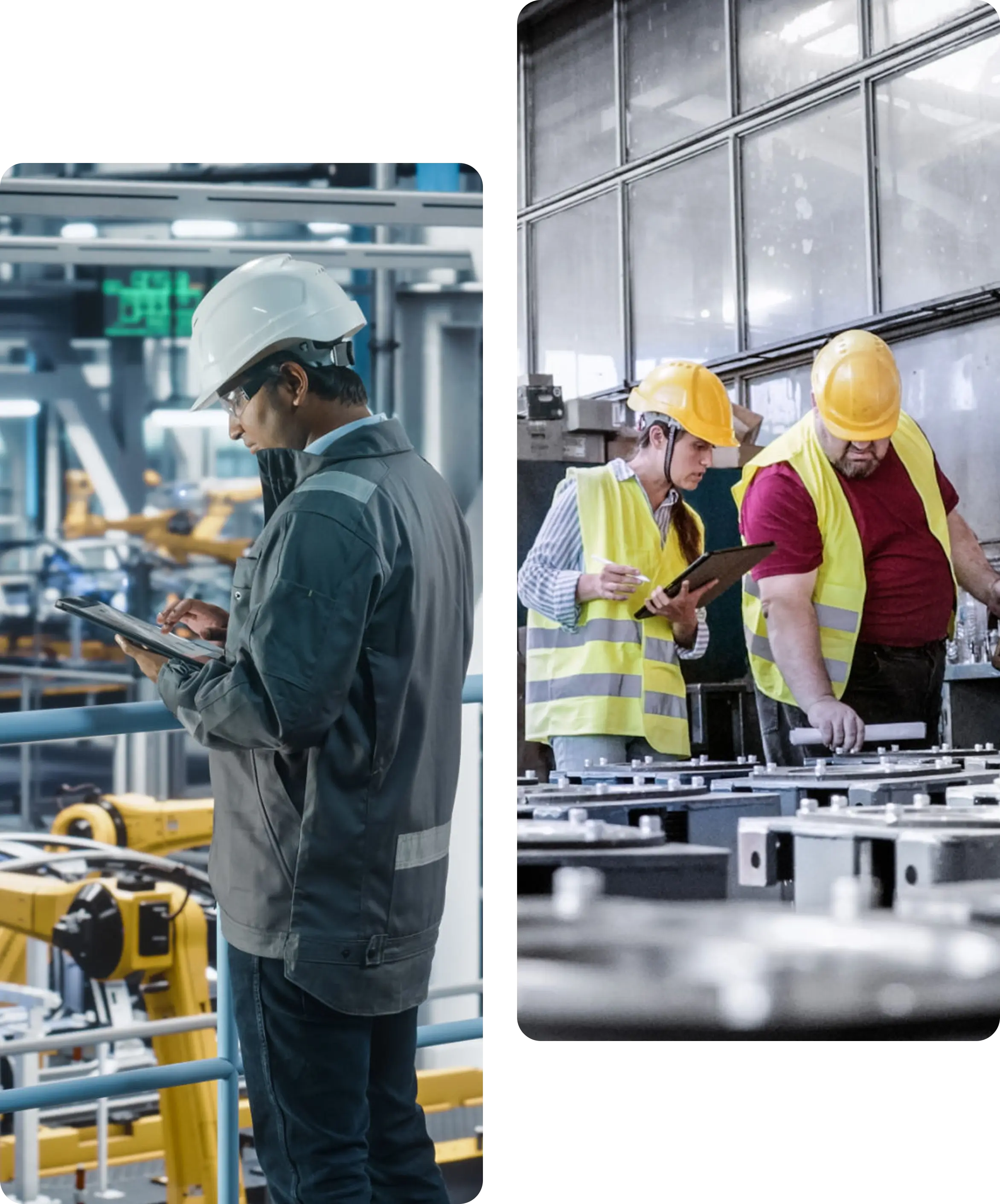 Factory workers inspecting machinery and equipment.
