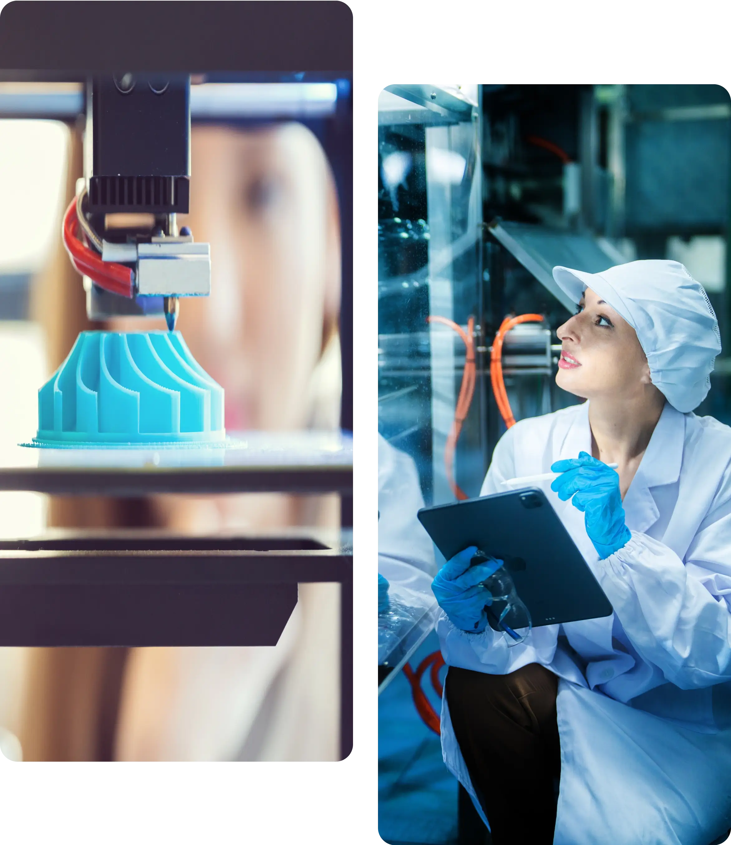 3D printing and scientist with tablet.