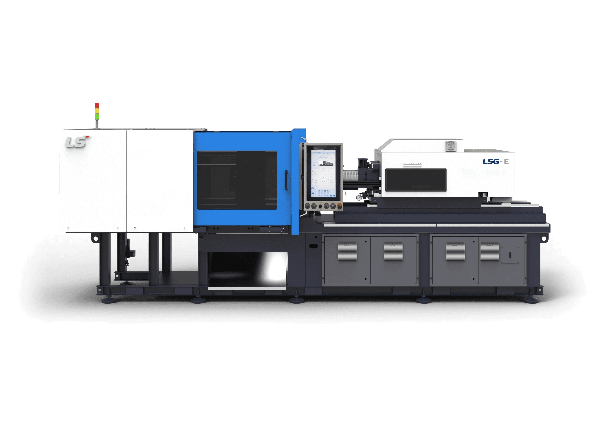 Injection molding machine on black background.