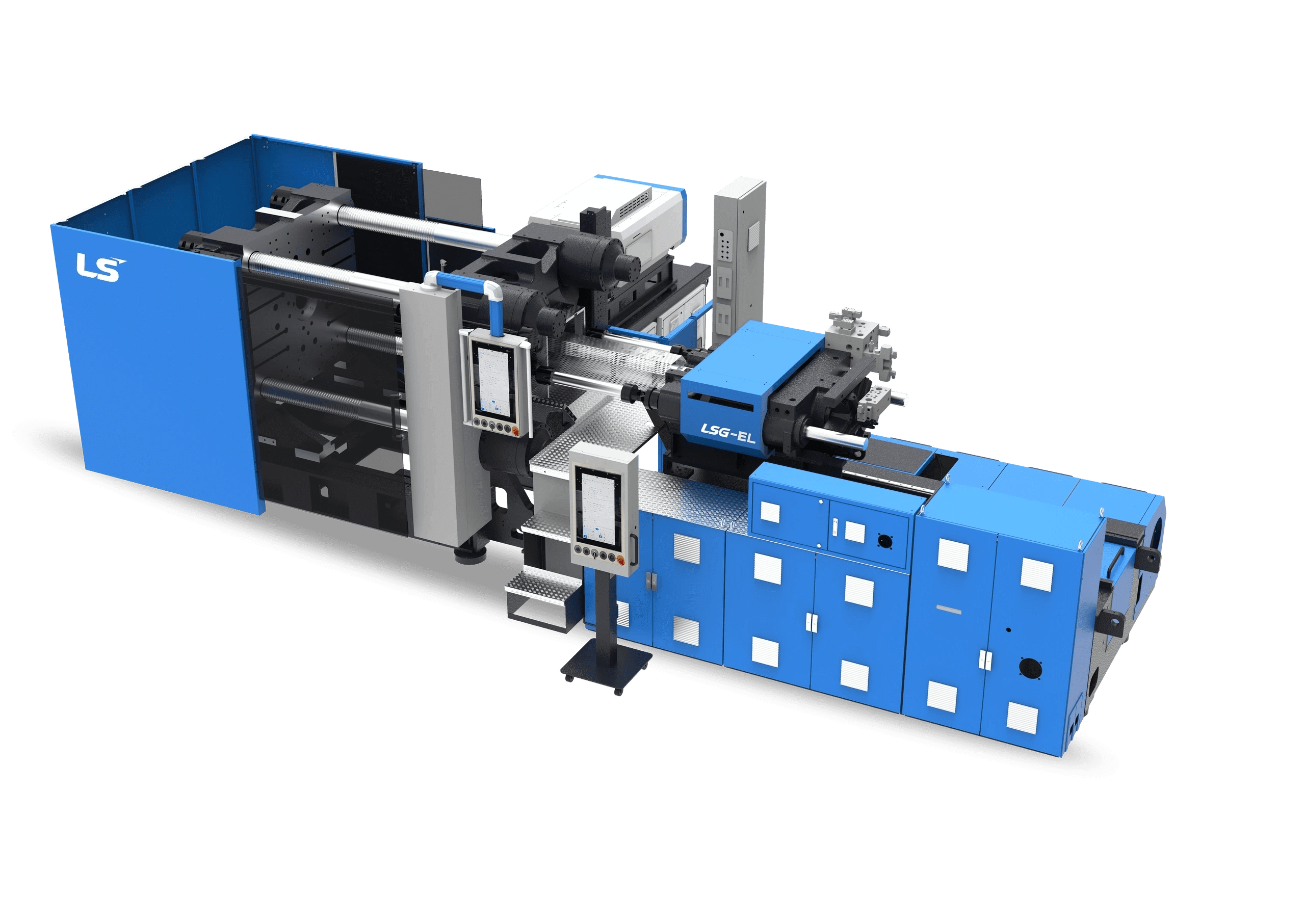 Blue industrial machine on black background.