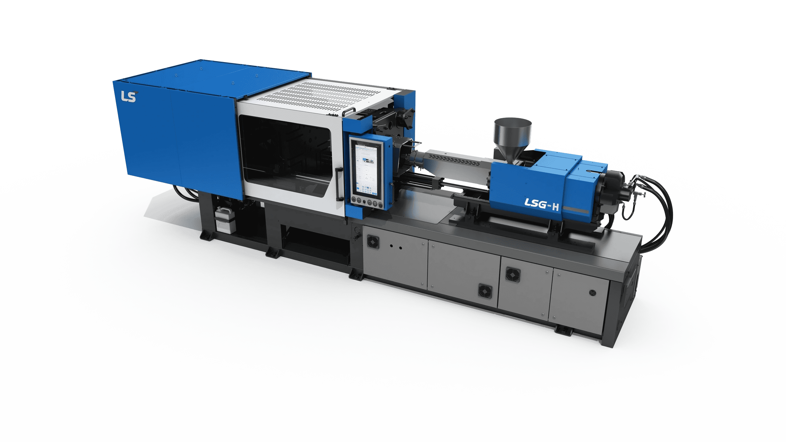 Blue industrial injection molding machine on black.
