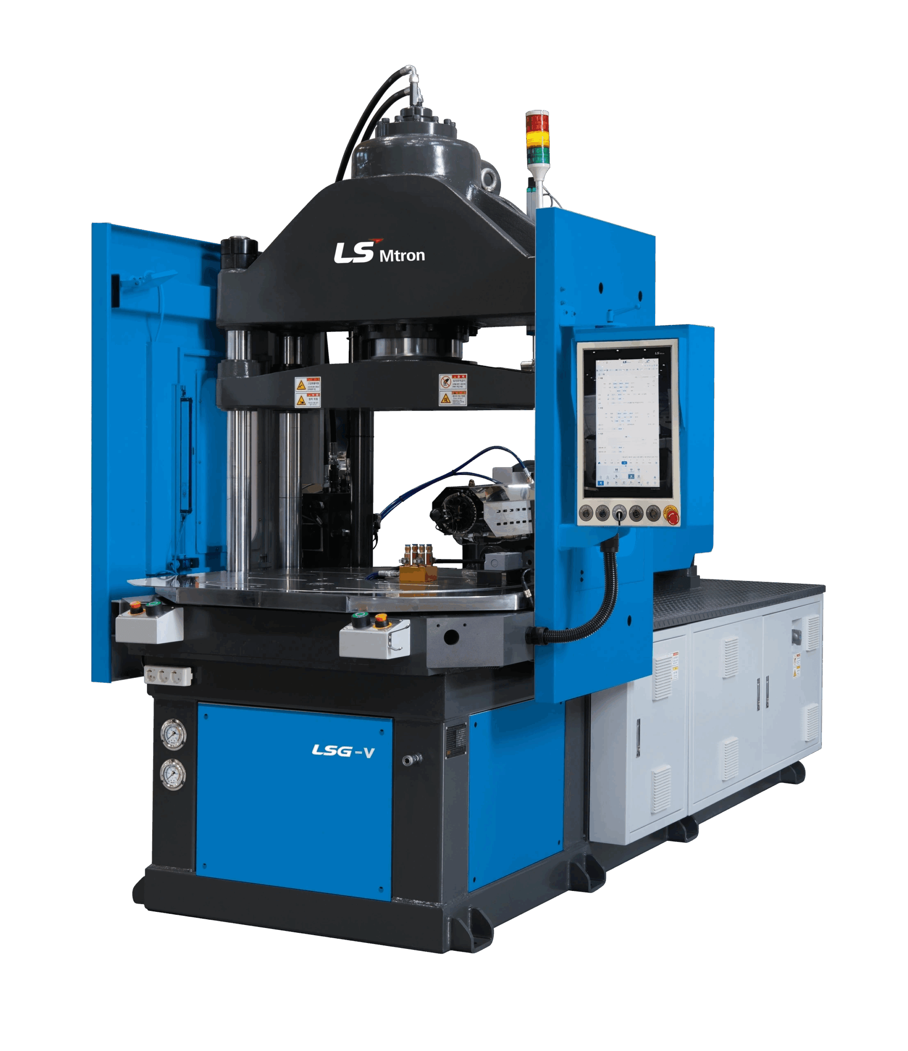 Industrial hydraulic press with control panel.