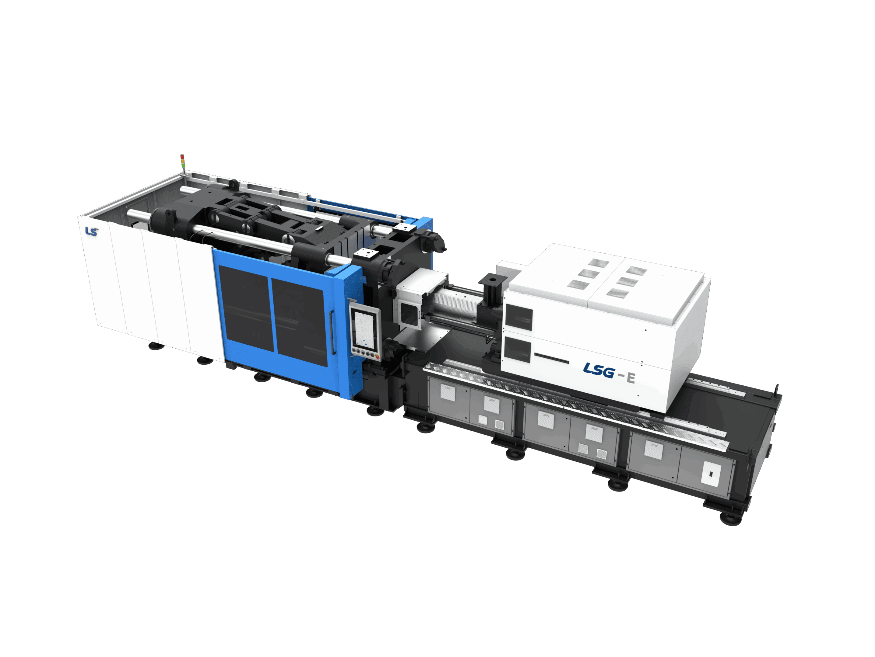 Industrial injection molding machine on black background.
