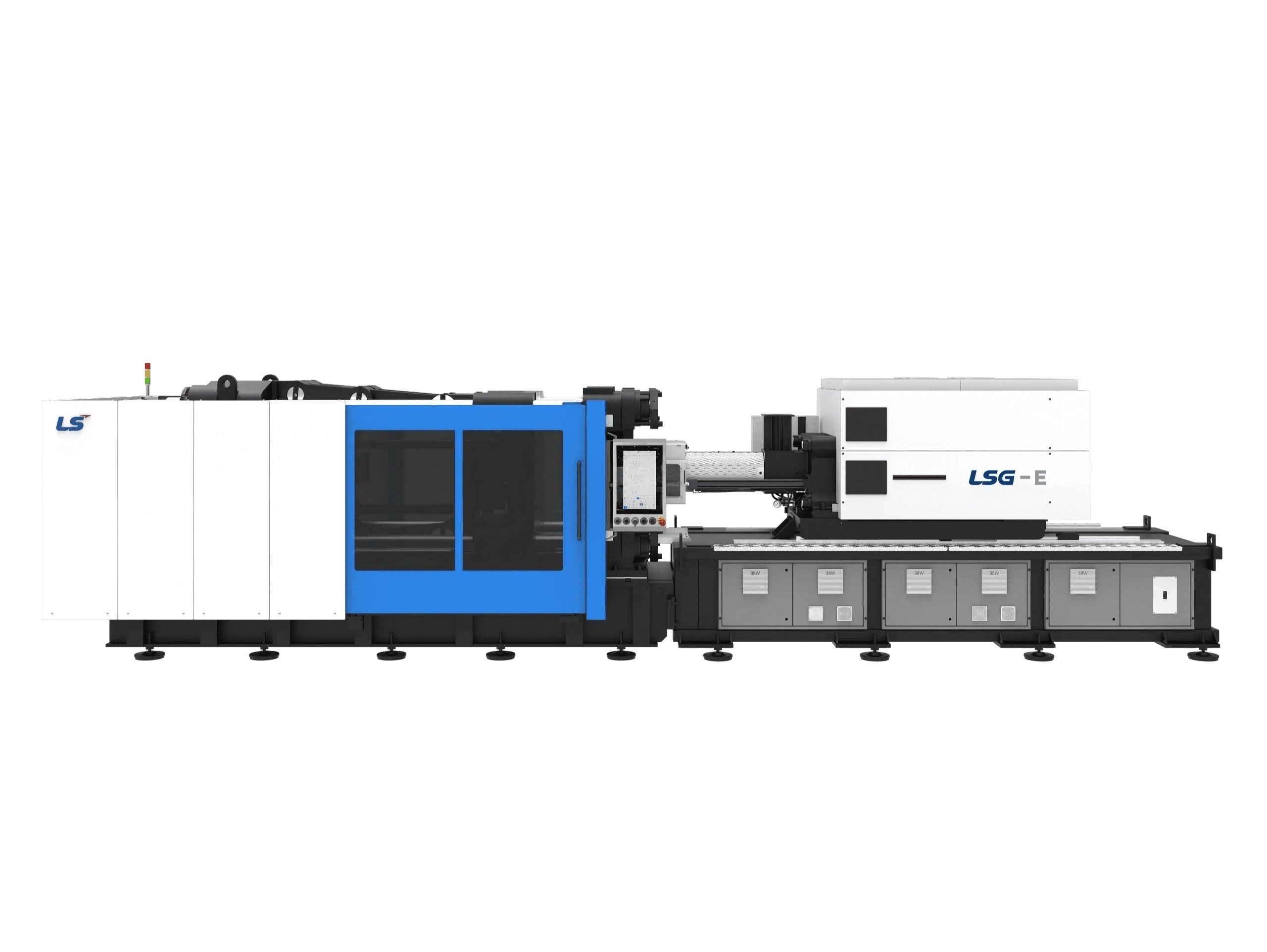 Injection molding machine on black background.