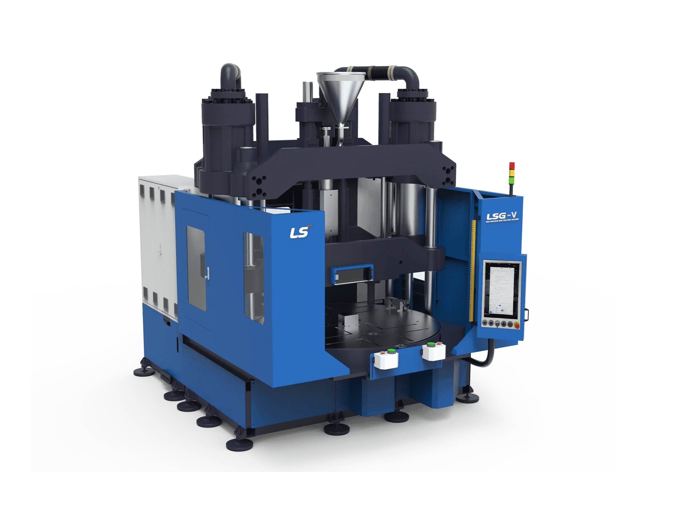 Blue industrial injection molding machine.