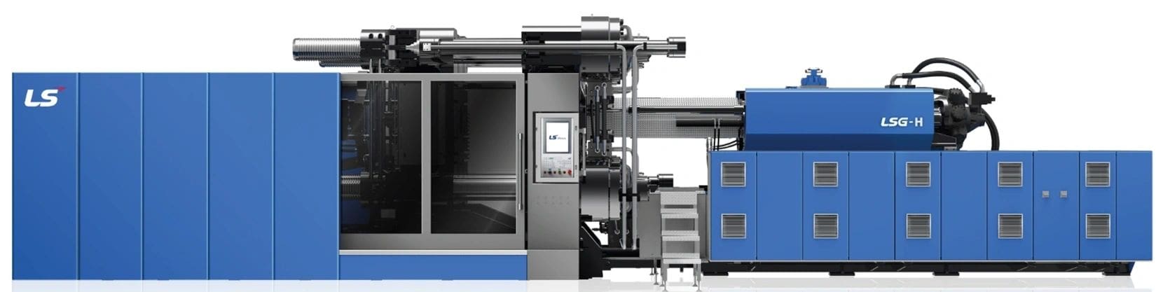 Blue industrial injection molding machine.