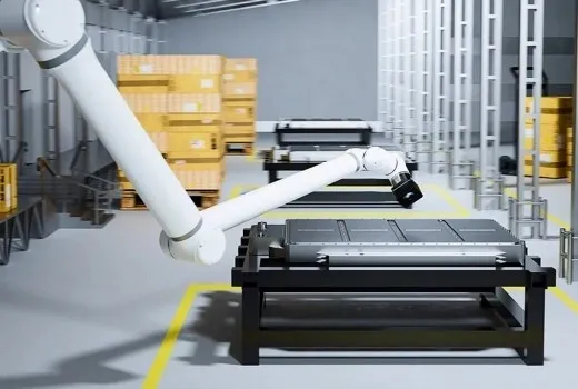 Robotic arm in a modern warehouse setting.